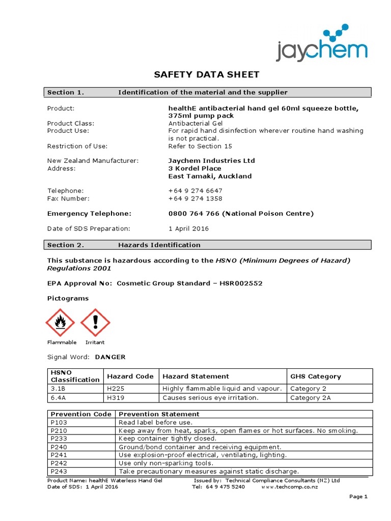 Antibacterial Hand Sanitiser Gel MSDS 0416 PDF Dangerous Goods