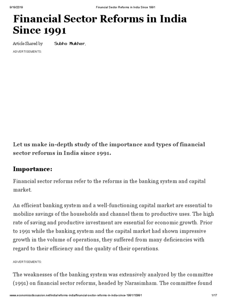 Financial Sector Reforms in India Post-1991 | PDF | Reserve Bank Of ...