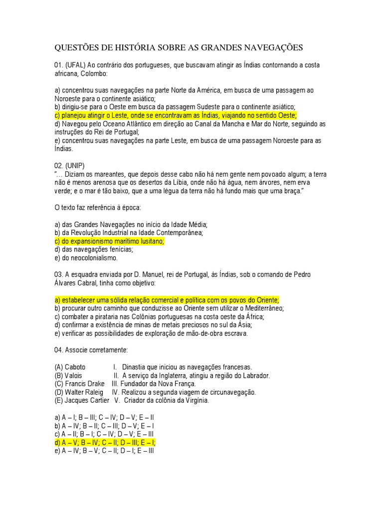 Ead 2 Questões de História Sobre As Grandes Navegações Respondido PDF ...