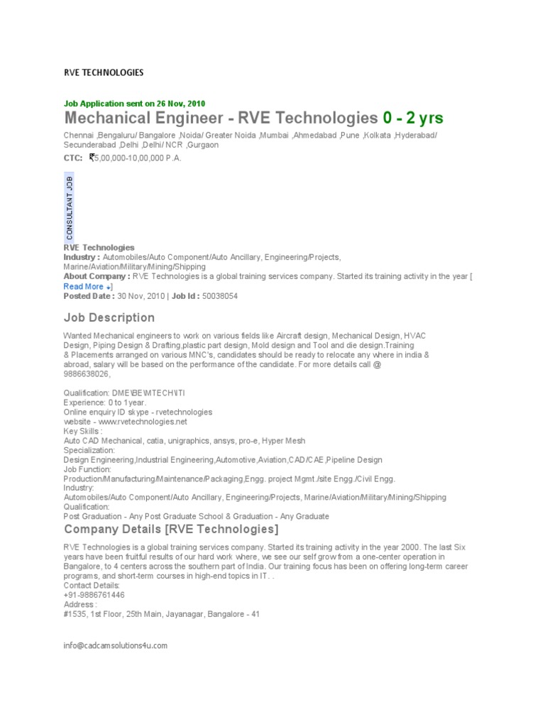Mechanical Engineer Positions at RVE Technologies | PDF | Engineering ...