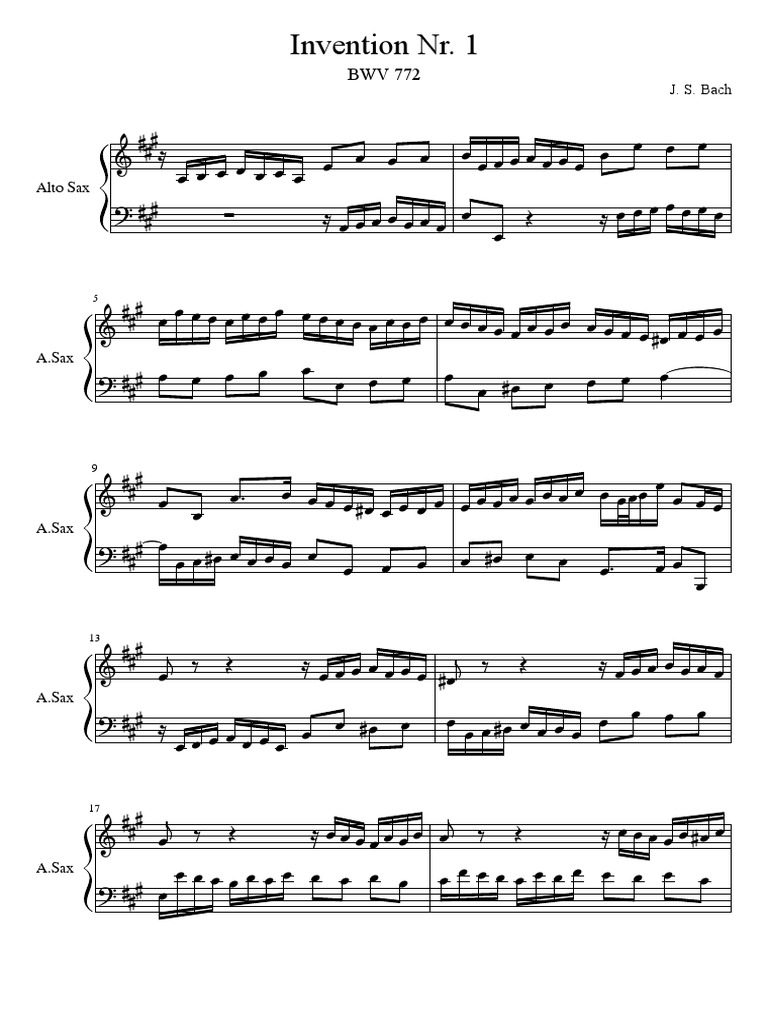 J. S. Bach Invention Nr. 1 BWV 772 Alto Sax | PDF | Johann Sebastian ...