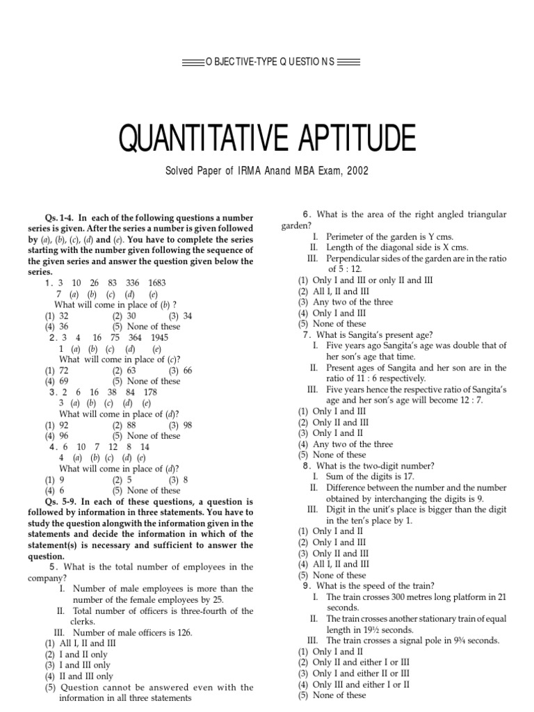 Quantitative Aptitude: Solved Paper of IRMA Anand MBA Exam, 2002 | PDF ...
