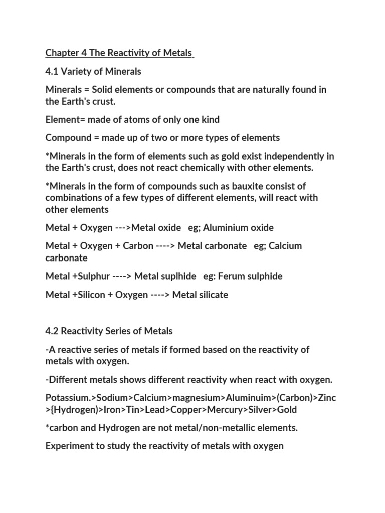Form 3 SC - Chapter 4 The Reactivity of Metals | PDF