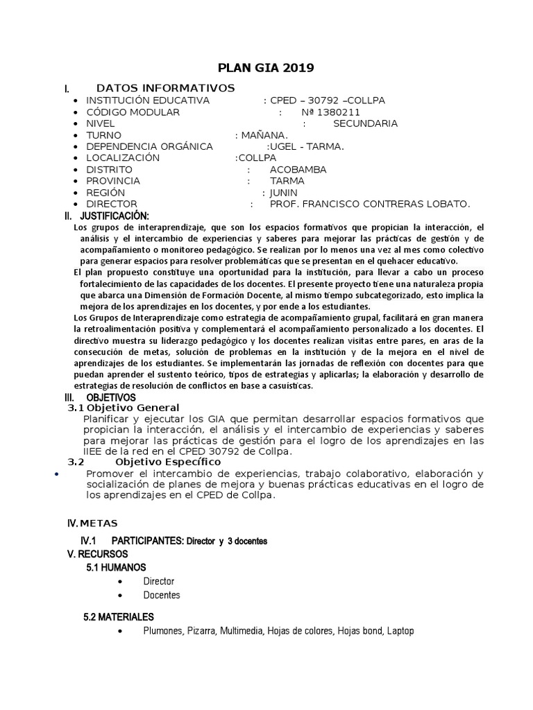 Plan Gia 2019 | PDF | Evaluación | Conceptos psicologicos