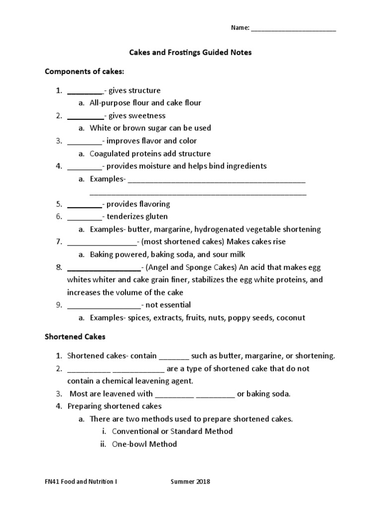 Cakes and Frostings Guided Notes Components of Cakes Name PDF