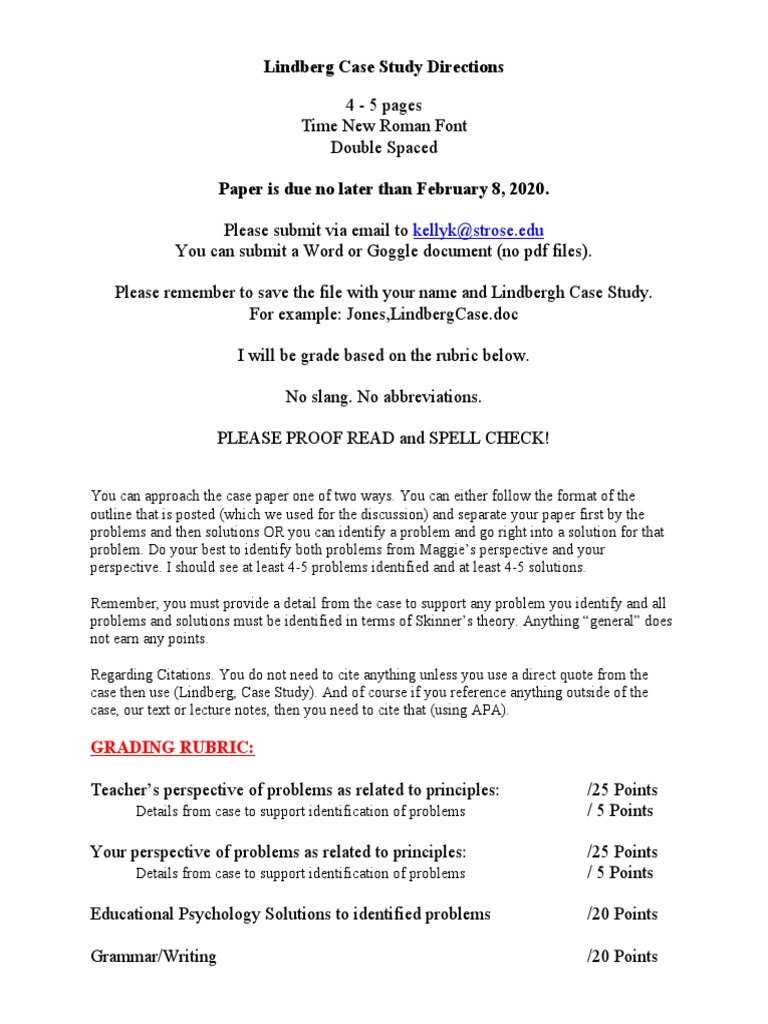 Lindberg Case Study Directions: Kellyk@strose - Edu | PDF