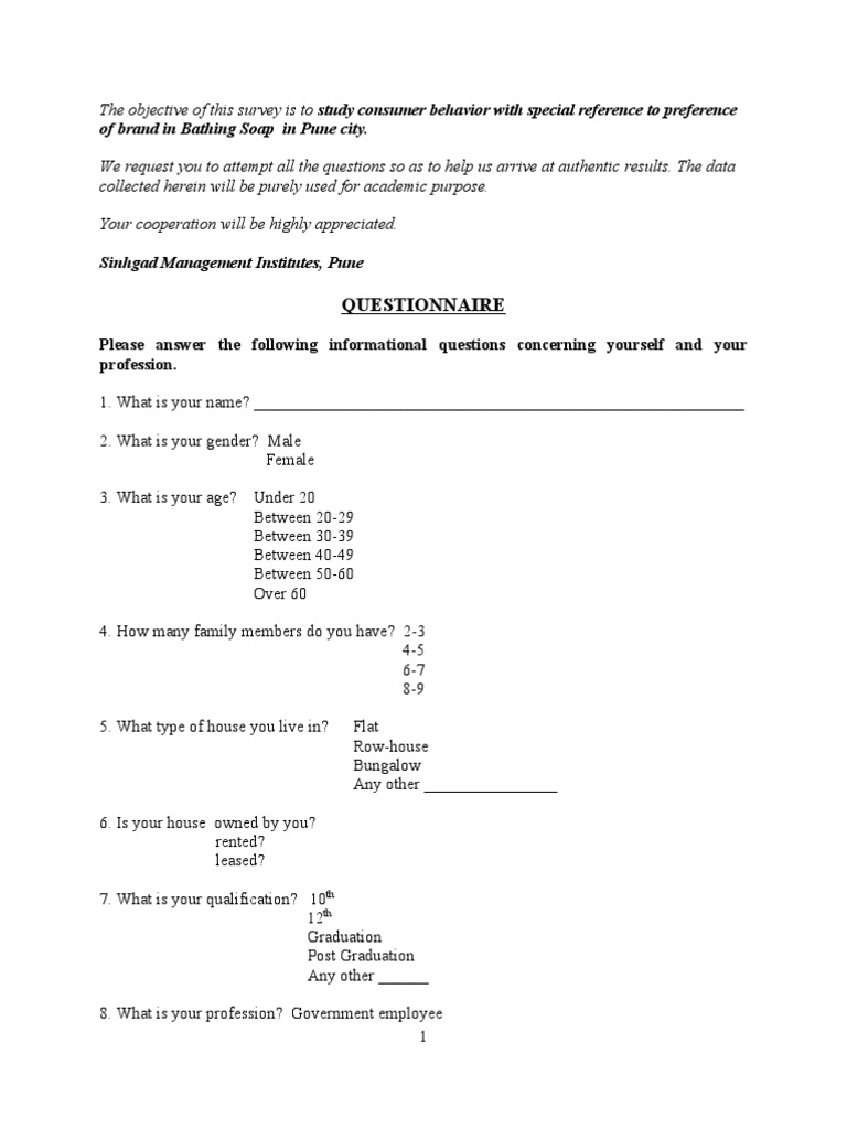 Questionnaire Bathing Soap Revised PDF Brand Economies