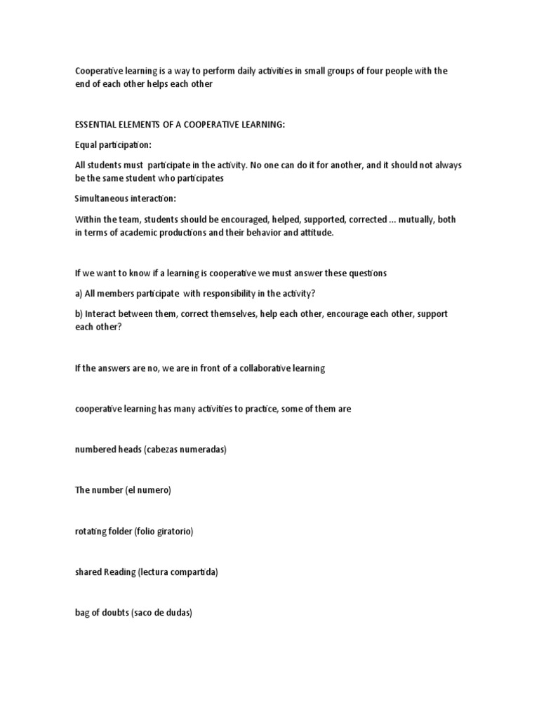 Essential Elements of Cooperative Learning | PDF