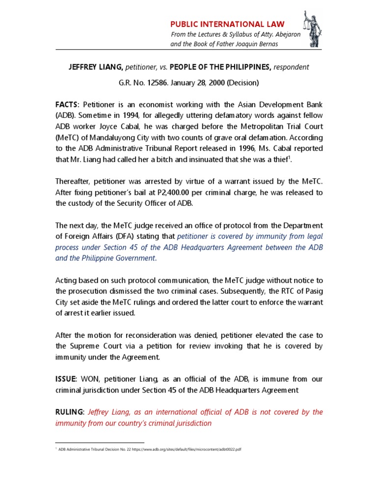 Liang vs. People: Immunity Ruling | PDF | Sovereign Immunity | Defamation