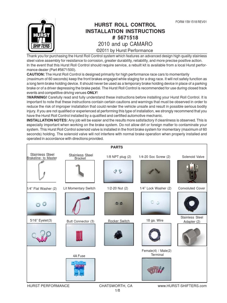 Hurst Roll Control Installation Instructions 5671518 2010 and Up