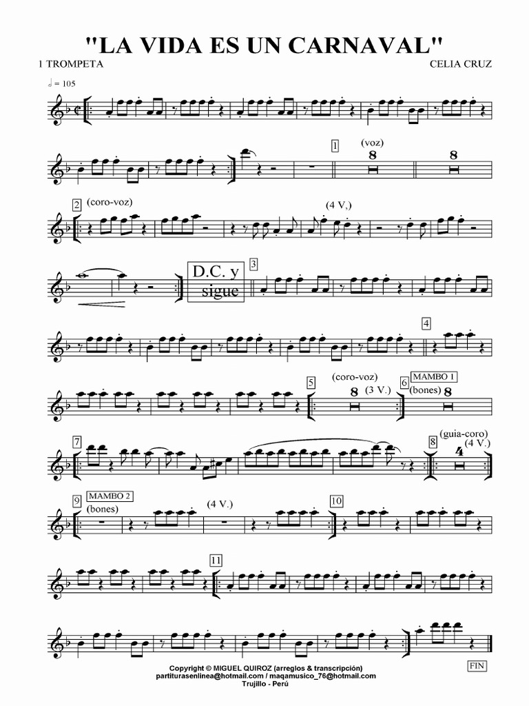 La Vida Es Un Carnaval Trumpet Sheet Music