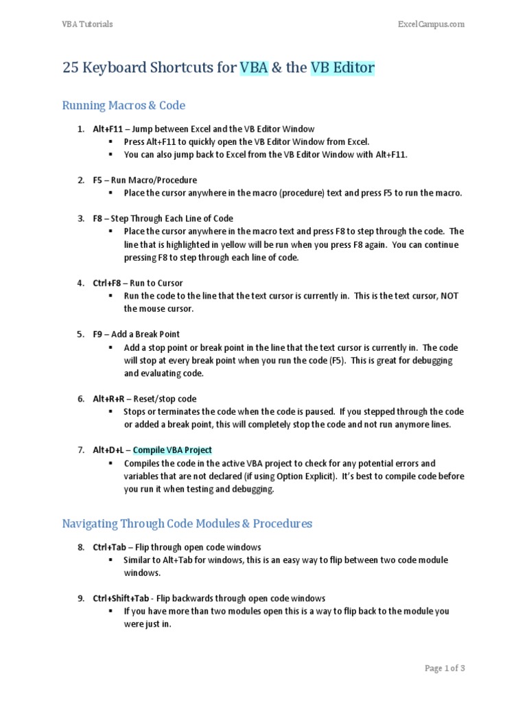 VBA Keyboard Shortcuts Guide | PDF | Visual Basic For Applications ...