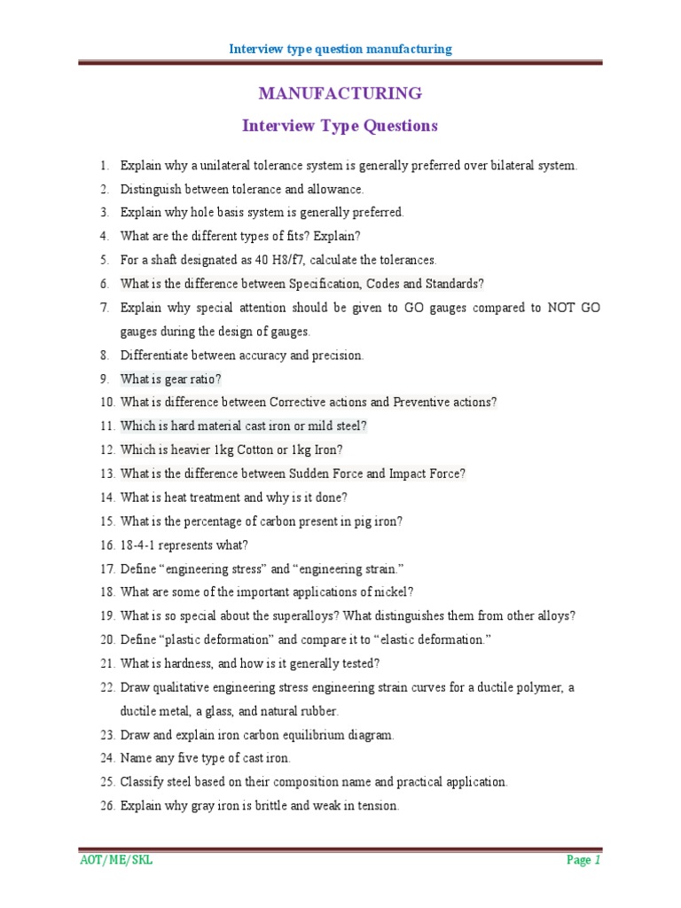Manufacturing Interview Questions Guide | PDF | Deformation ...