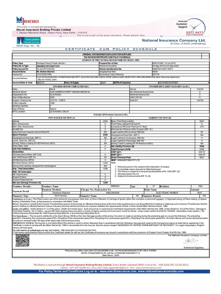 National Insurance Vehicle Policy Invoice | PDF