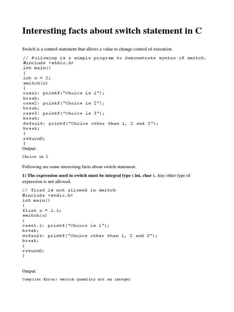 Interesting Facts About Switch Statement in C PDF Integer