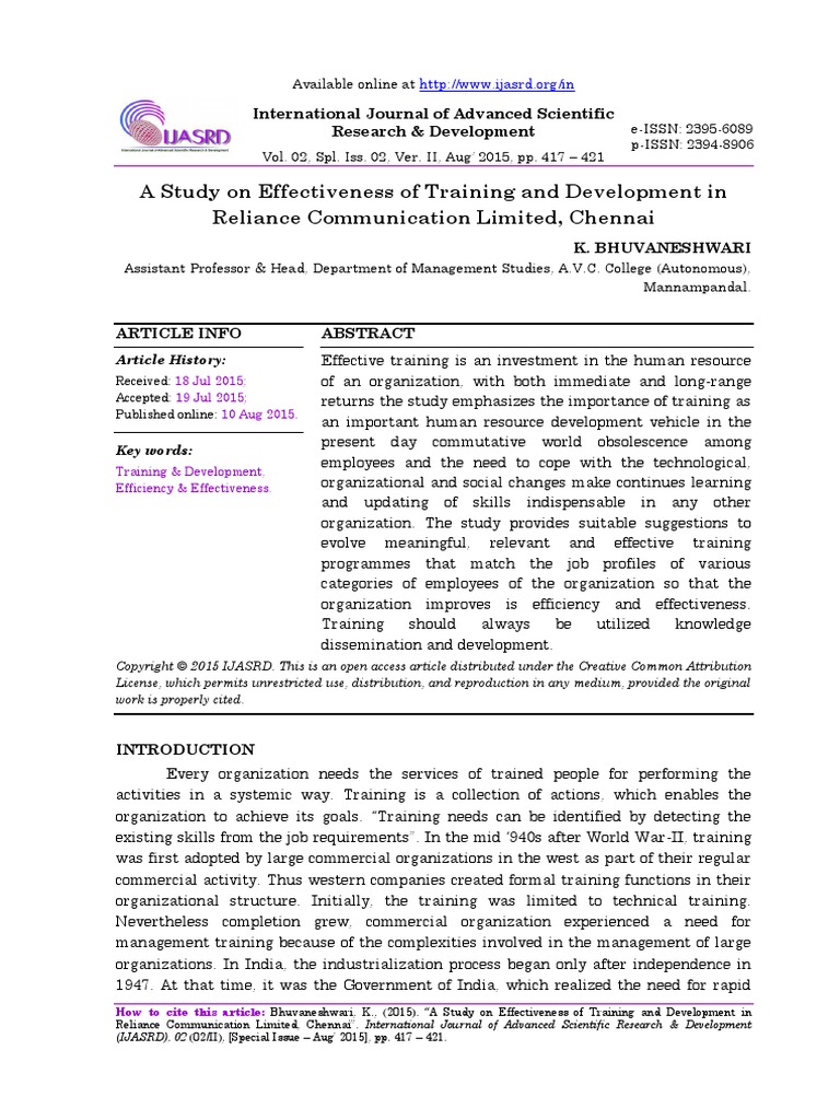 A Study On Effectiveness of Training and Development in Reliance ...
