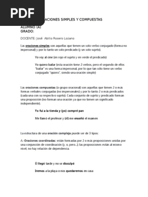 Hoja De Trabajo De Oraciones Simples, Compuestas Y Complejas En Formato ...
