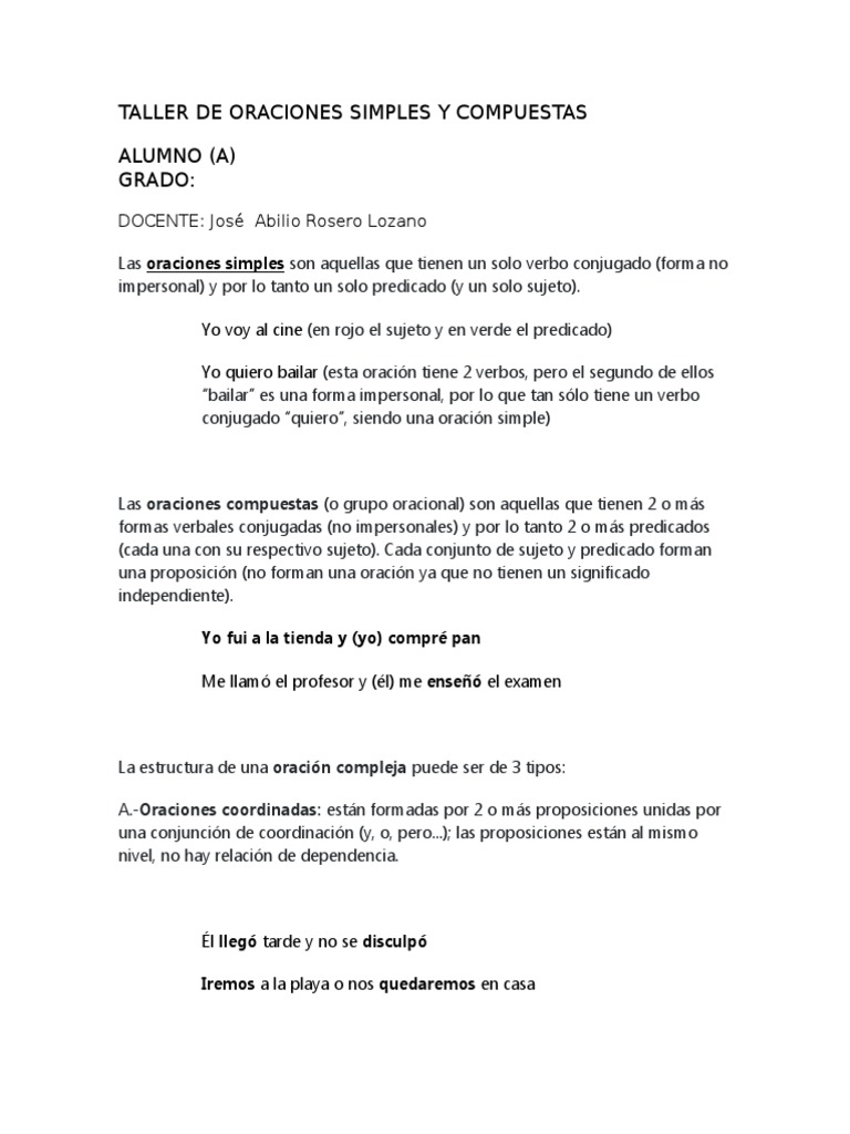 Ejercicios de Oraciones Simples y Compuestas | PDF