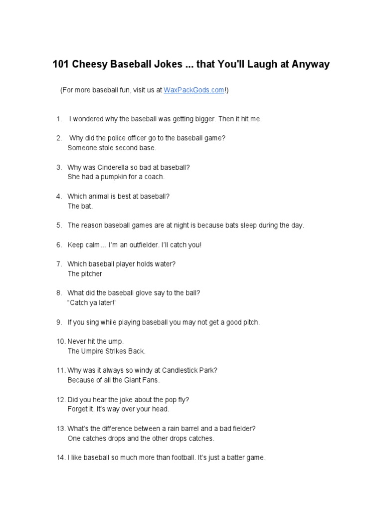 101 Cheesy Baseball Jokes | PDF | Baseball Field | Pitcher