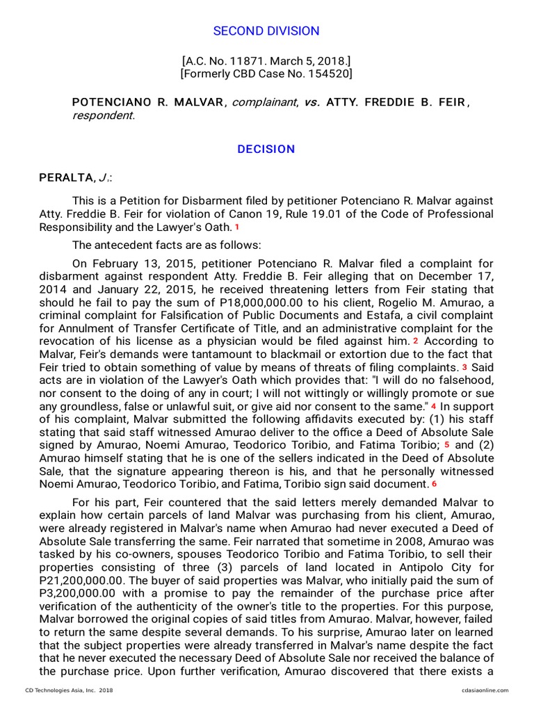 Complainant vs. vs. Respondent Second Division PDF Lawyer Extortion