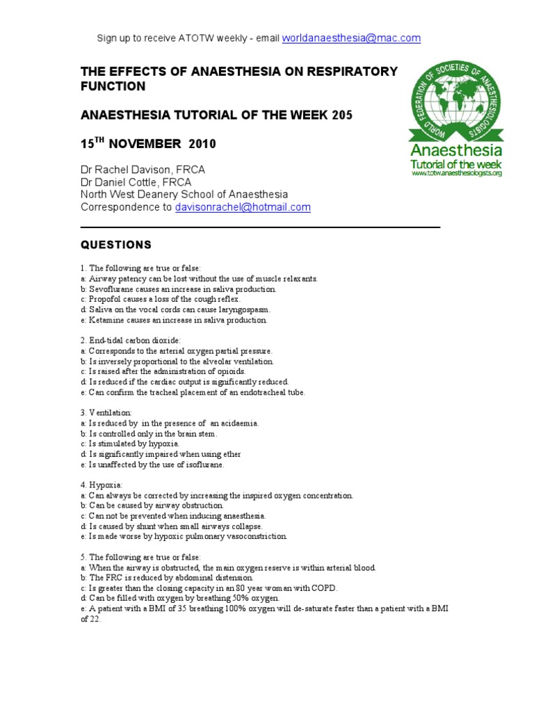 205 The Effects of Anaesthesia On Respiratory Function PDF Hypoxia