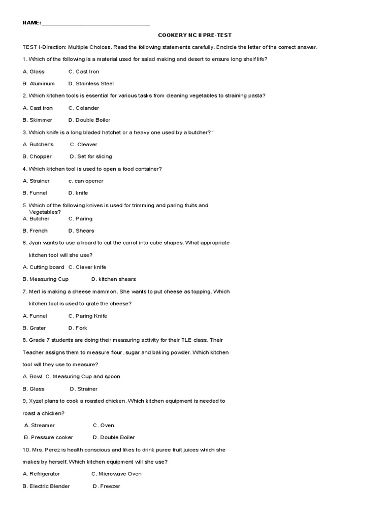 Cookery NC II Pre-Test Questions | PDF | Kitchen Utensil | Foods