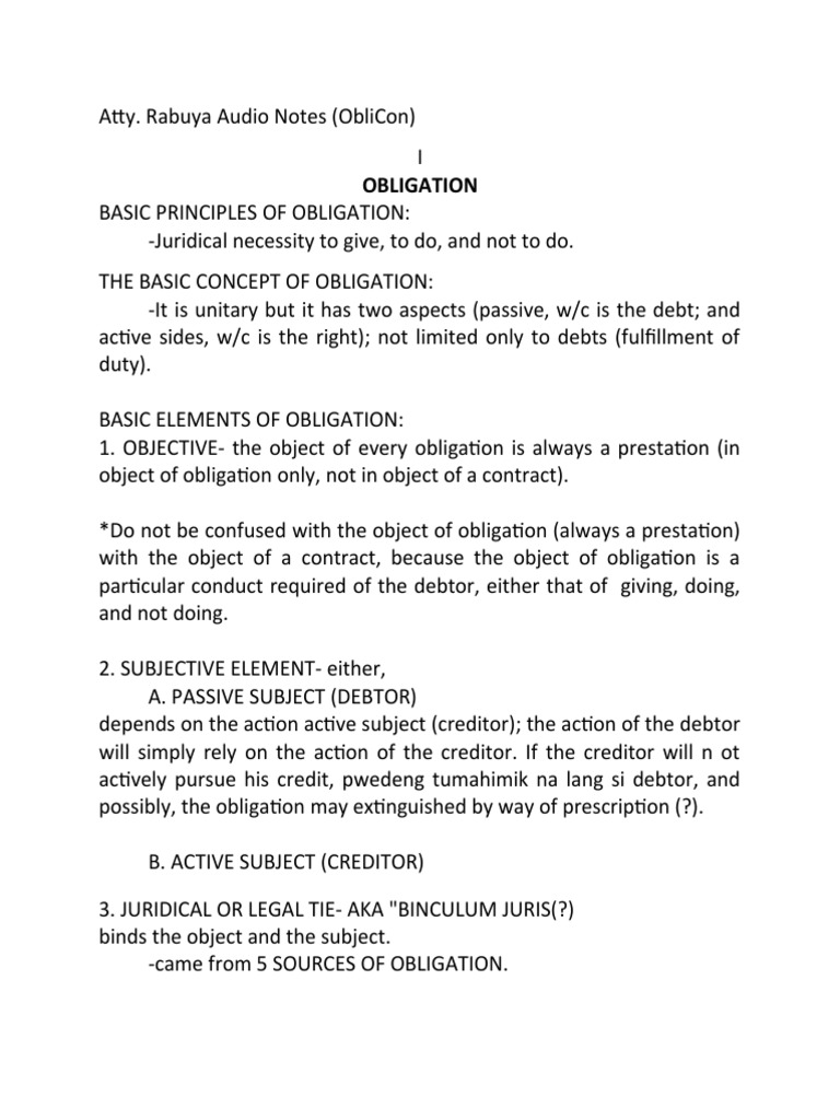 Atty. Rabuya's Notes on Obligations | PDF | Debtor | Law Of Obligations