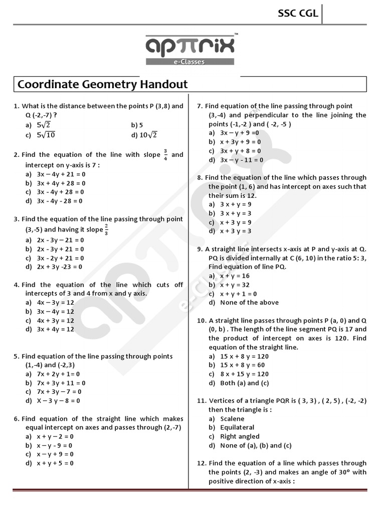 Coordinate Geometry Exercise Pdf Line Geometry Triangle
