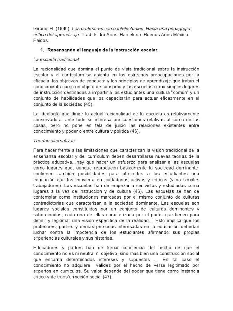 Giroux Los Profesores Como Intelectuales PDF Plan de estudios Teoría