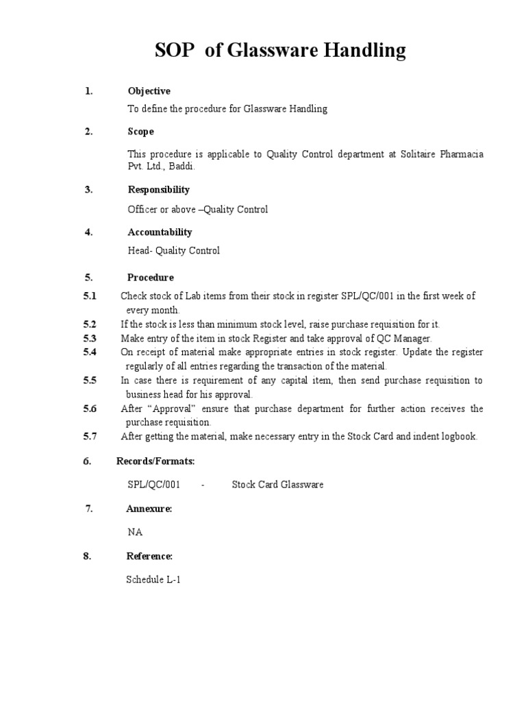 SOP of Glassware Handling PDF