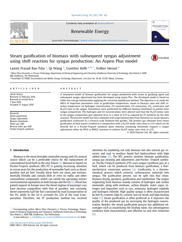 Steam Gasification of Biomass With Subsequent Syngas Adjustment Using ...
