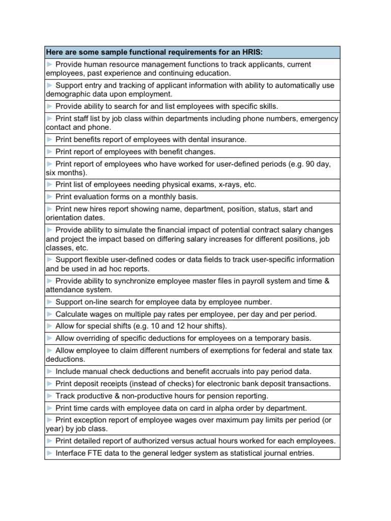 Here Are Some Sample Functional Requirements for an HRIS Employee
