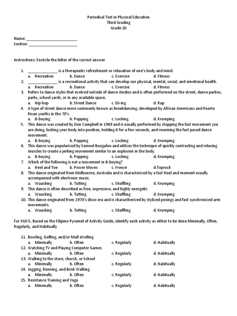 Grade 10 Physical Education Test | PDF | Dances | Recreation