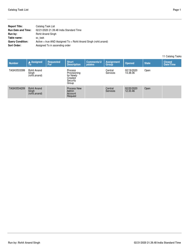 Report title run date and time run by table name query condition