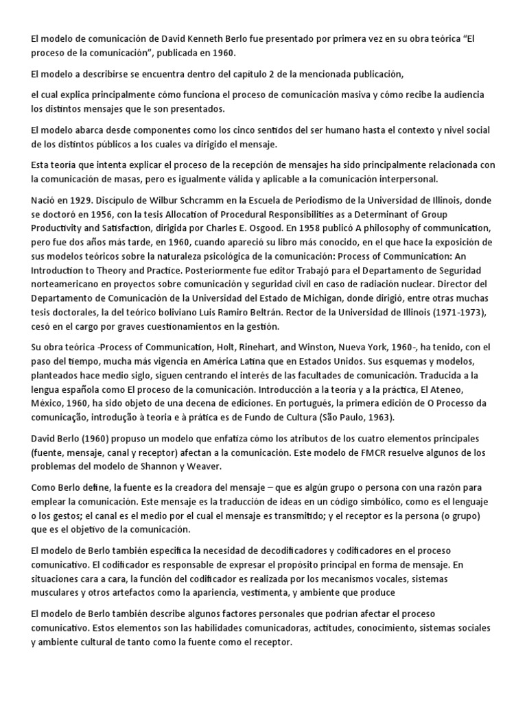 Modelo de Comunicación de David Berlo | PDF | Comunicación | Conocimiento