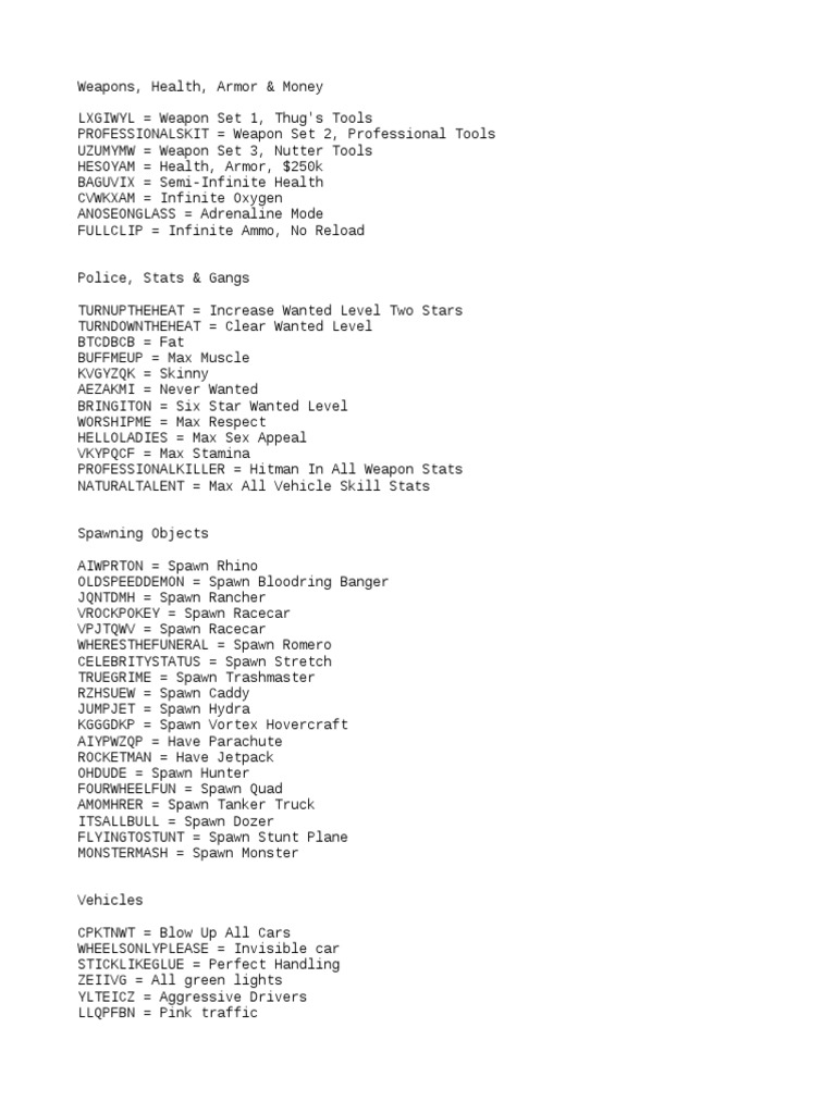 GTA San Andreas: PS2 Cheats, PDF, Leisure