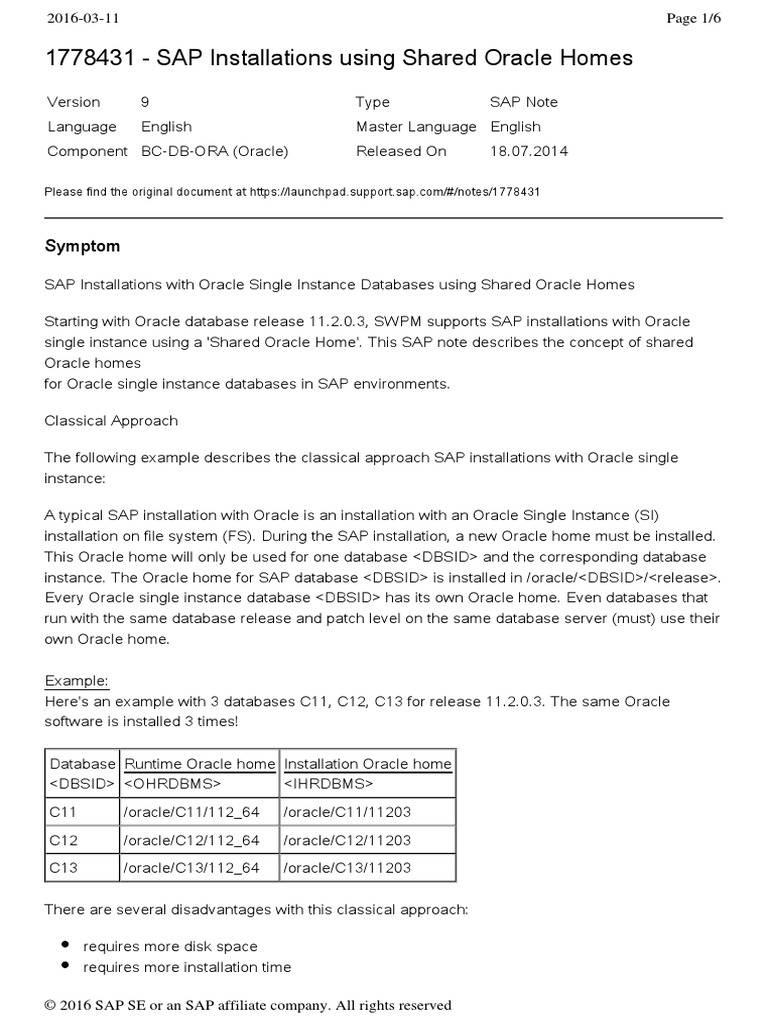 SAP Installations Using Shared Oracle Homes PDF Oracle Corporation