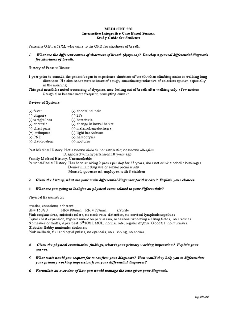 Medicine 250 Interactive Integrative Case Based Session Study Guide For ...