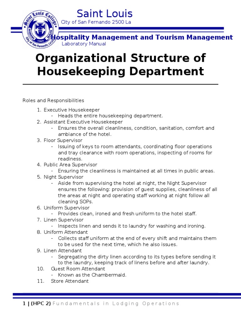 Housekeeping Department Structure and Roles | PDF | Housekeeping ...
