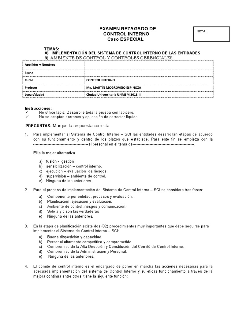 Examen de Control Interno 2018-II | PDF | Sistema de control | Auditoría