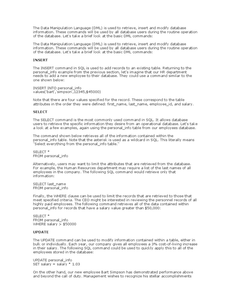 The Data Manipulation Language PDF Databases Sql