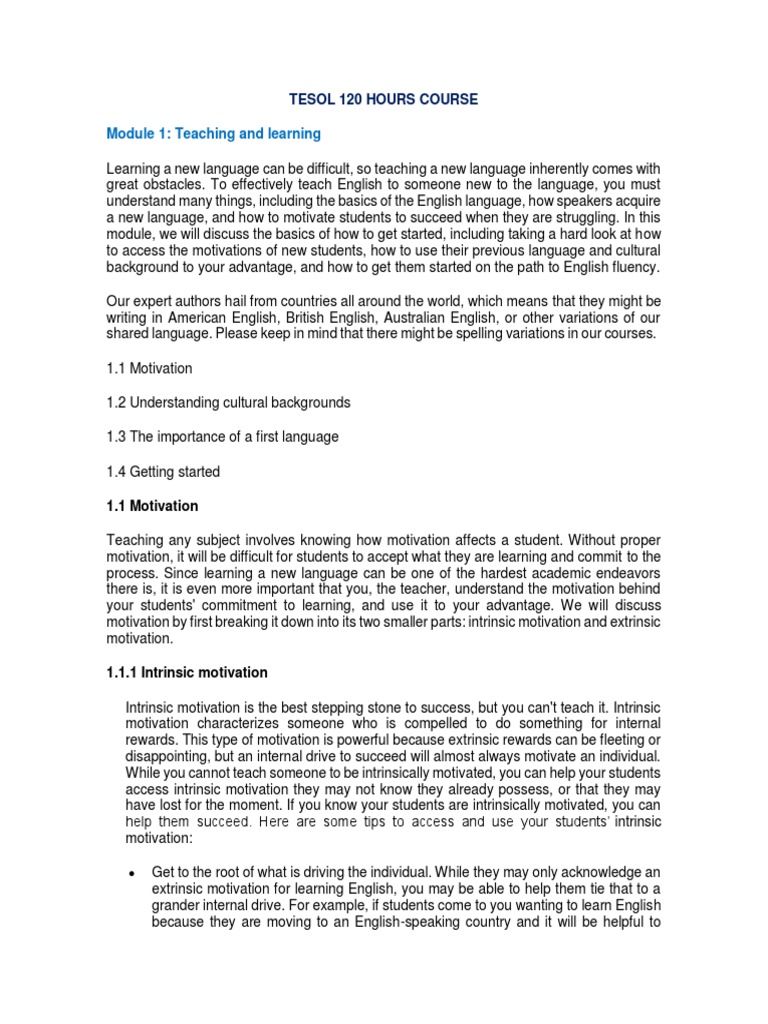 Tesol 120 Hours Course Part A | PDF | Adverb | Motivation