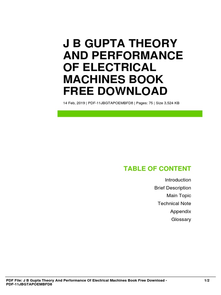 J B Gupta Theory and Performance of Electrical Machines Book Download