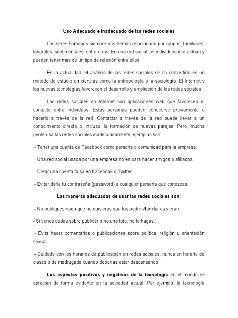 Uso Adecuado e Inadecuado de Las Redes Sociales | PDF