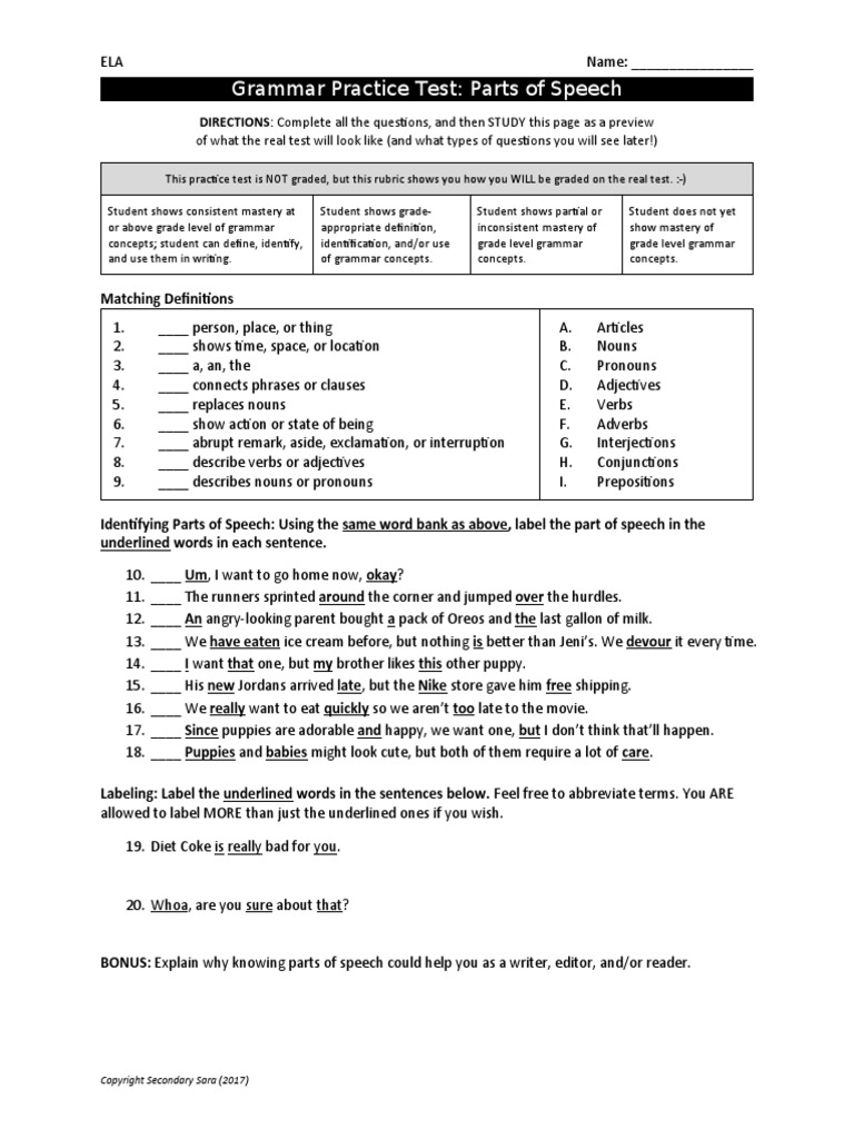 Practice TestParts of Speech PDF Part Of Speech Noun
