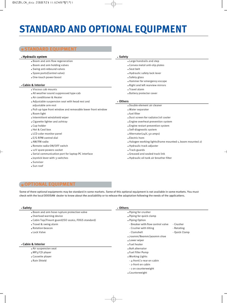 Doosan DX225LCA Excavator Features Guide | PDF | Horsepower | Pump