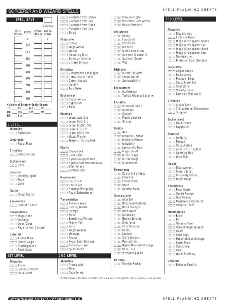D&amp;D 3E - Spell Planning Sheet | PDF