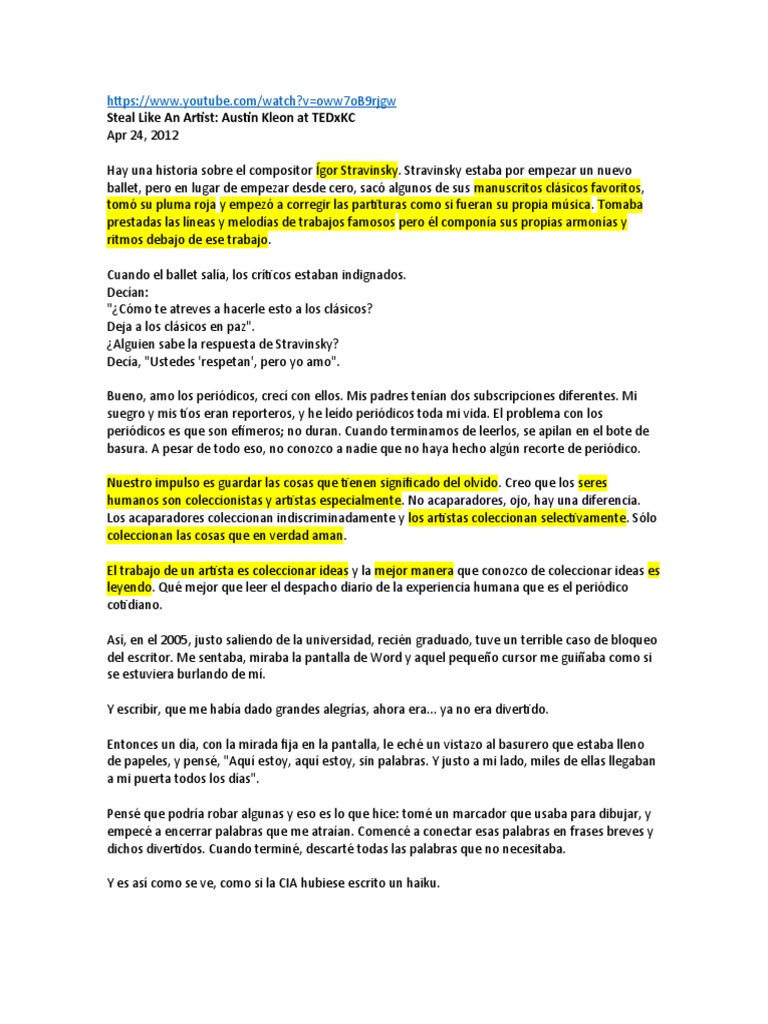 Steal Like An Artist Austin Kleon At Tedxkc Pdf