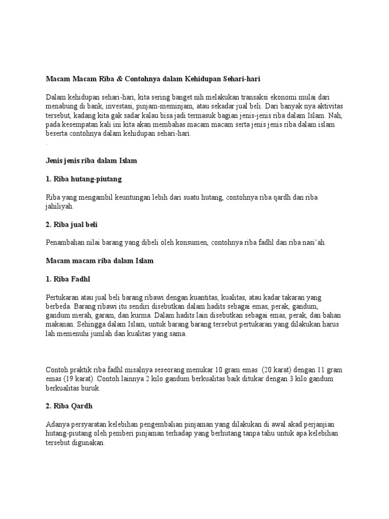 Jenis-jenis Riba dalam Islam dan Contohnya | PDF