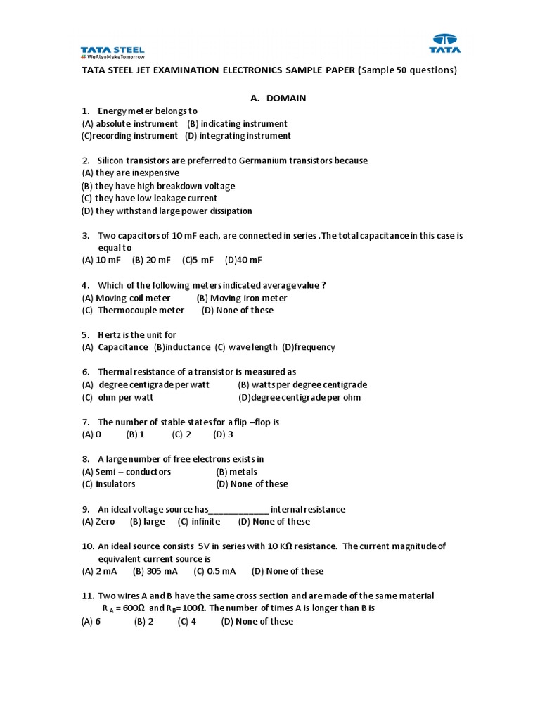 Tata Steel JET Electronics Sample Paper | PDF | Series And Parallel ...